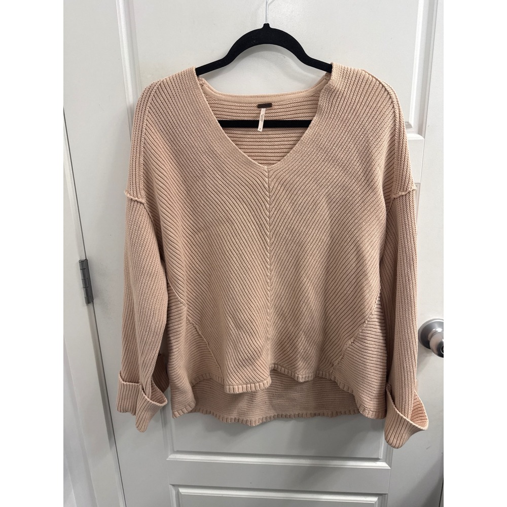 Free People My Only Sunshine V-Neck Oversized Knit Sweater Peach Apricot Small